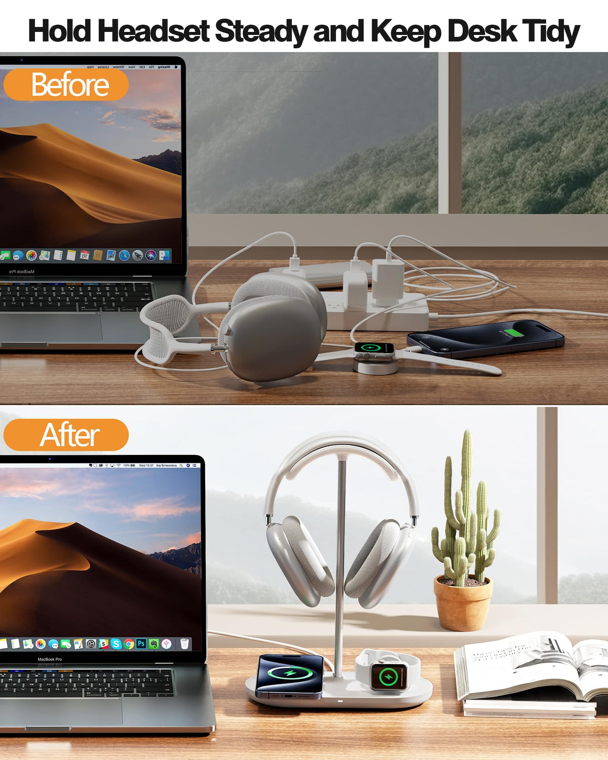 HiWe Headphone Stand, 2-in-1 Wireless Charger for iPhone/Apple Watch, Aluminum Alloy Rod, Minimalist Desk Organizer, White