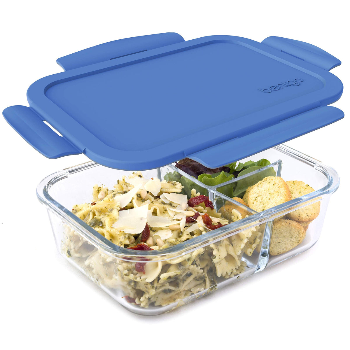 Bentgo Glass Lunch Box - Leak-Proof Bento-Style Food Container with Airtight Lid and Divided 3-Compartment Design - 5 Cup Capacity for Meal Prepping, and Portion-Controlled Meals for Adults (Blue)