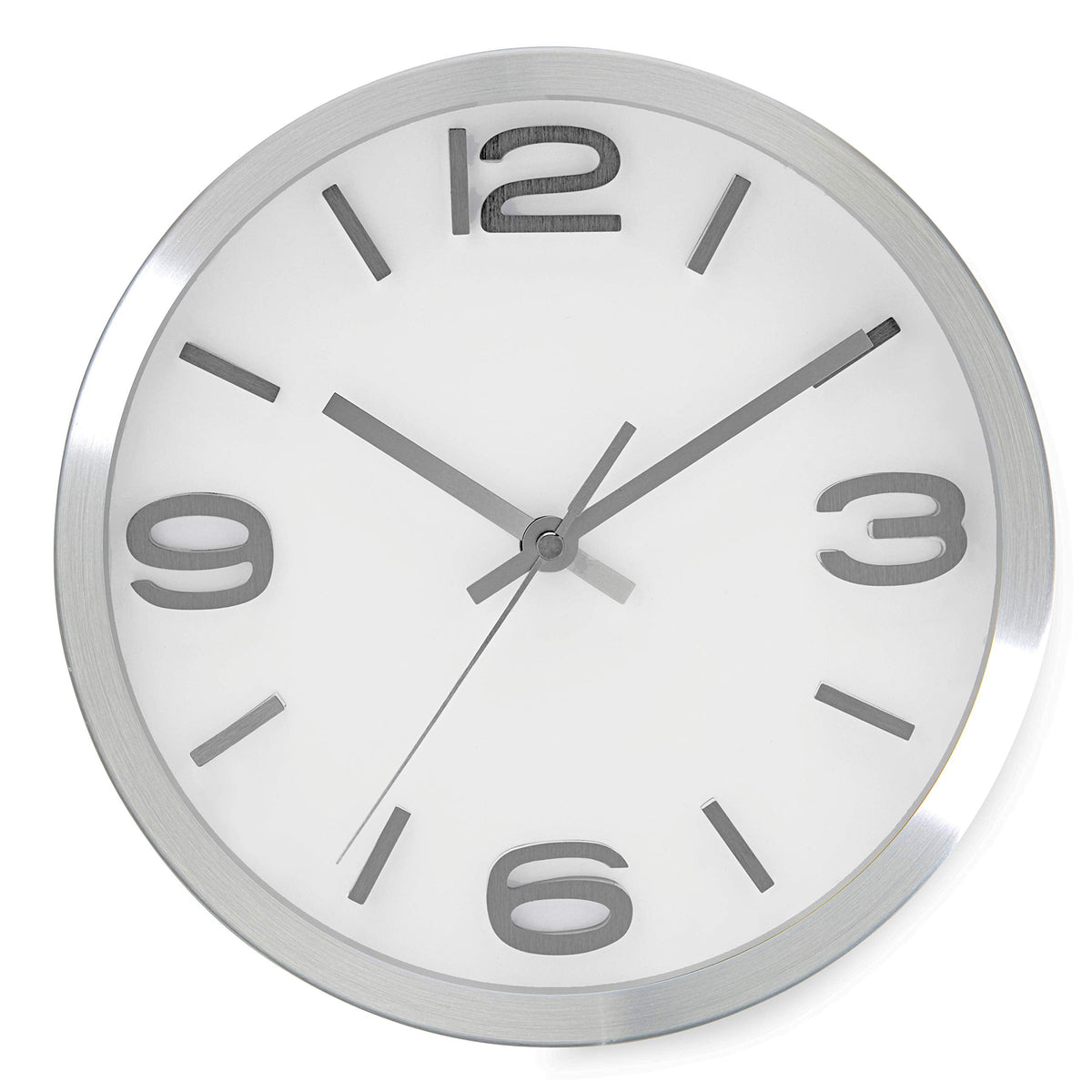 Bernhard Products Modern Wall Clock 10 Inch Silver Silent Non Ticking Battery Operated Round Elegant Metal Quality Quartz for Kitchen Home Office Clock with 3D Numbers, Easy to Read