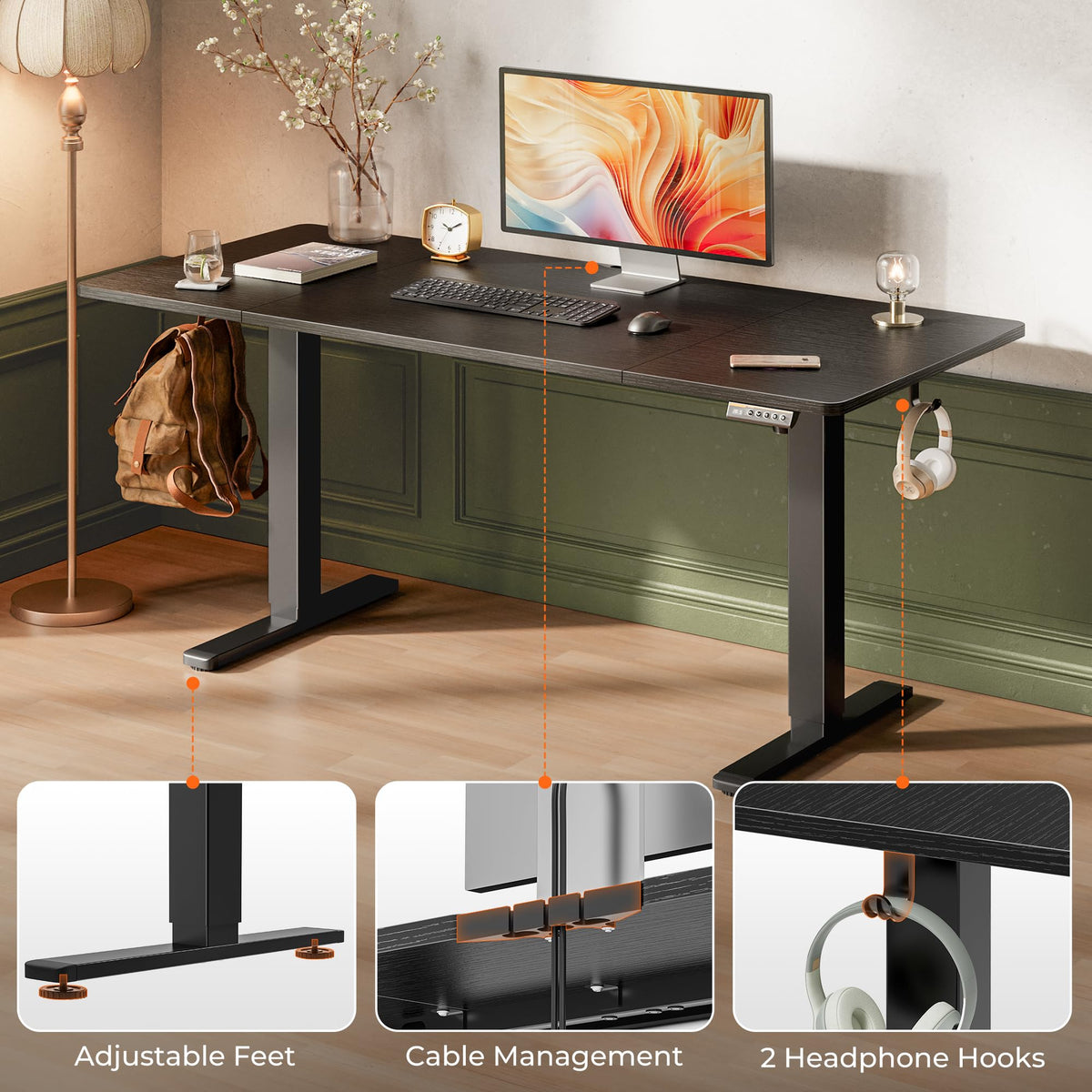Huuger 63 x 28 Large Electric Standing Desk, Height Adjustable Computer Desk, 27.6" Deep Desktop, Stand up Gaming Office Table with 2 Hooks, 3 Preset Heights, for Home Office, Black