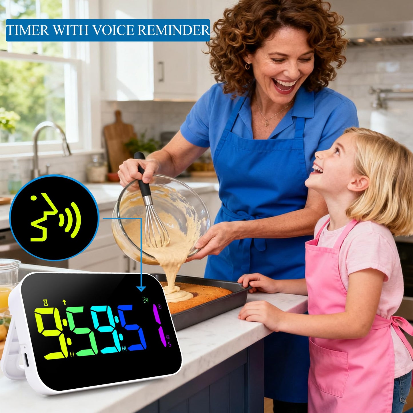 Kitchen LED Digital Timer Rechargeable, RGB Count Down Up Digital Timer with Vioce Reminder for Kitchen Classroom Cooking Study, Vibration Mode 3 Level Adjustable Volume and Brightness