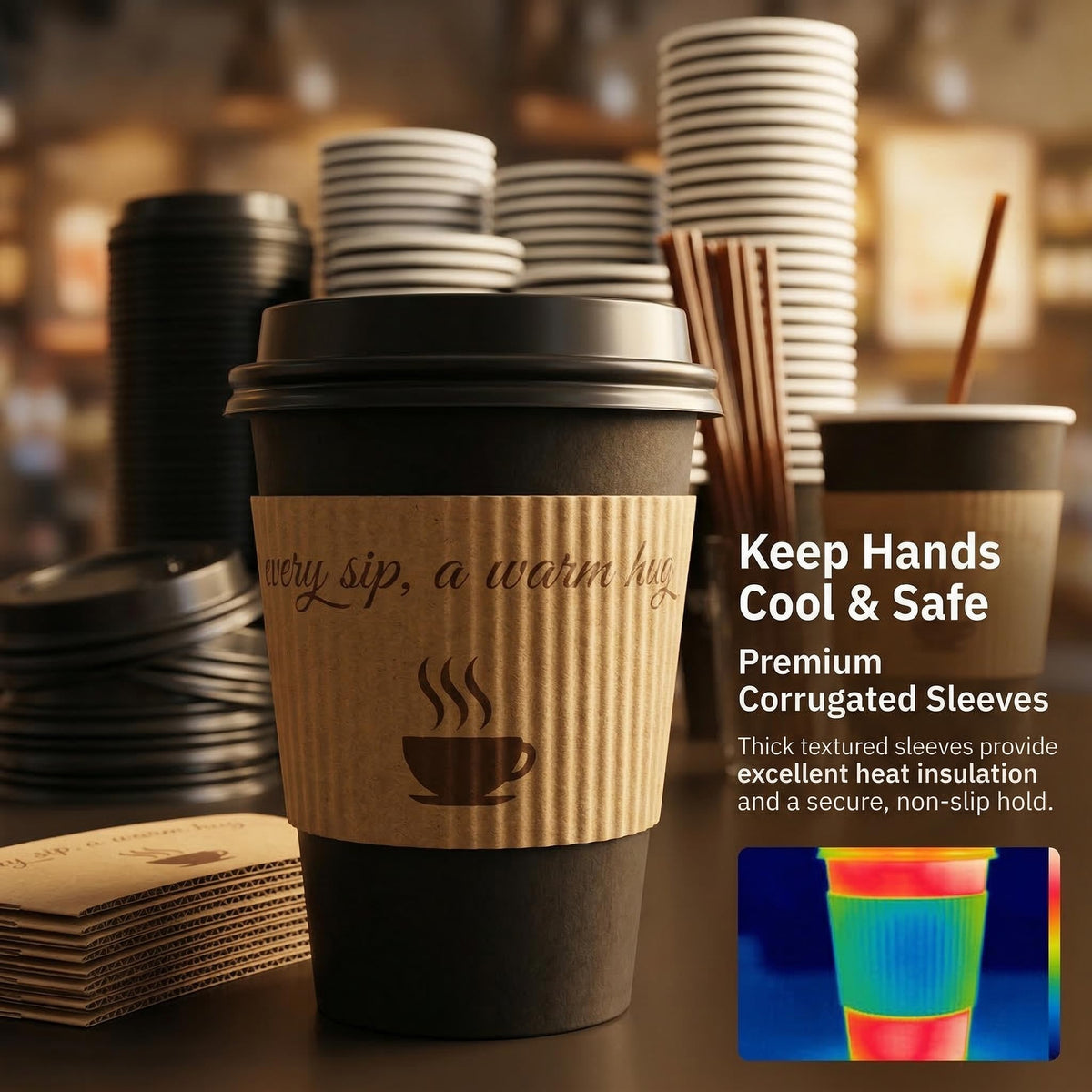cuphug 12 oz Disposable Coffee Cups with Lids, Sleeves and Straws 100Pack, Thickened Leak-Proof Insulated Paper Cups for Hot Drinks, Home, Office, Cafe, Party