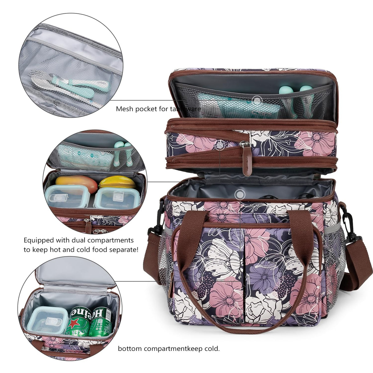 MOV COMPRA Lunch Bag for Women Men Double Deck Expandable Lunch Box,Large Lunch Bags,Leakproof Lunch Box Cooler Bag (Purple Flower)