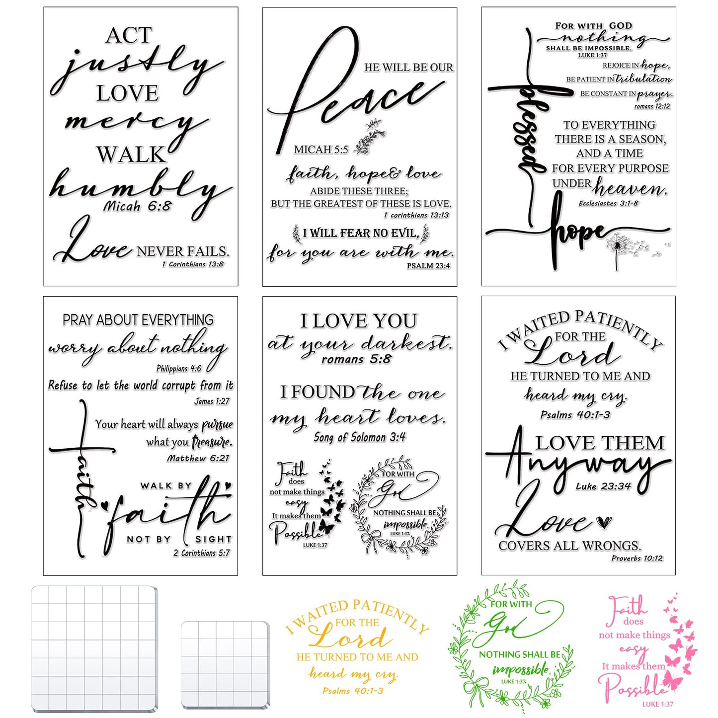 Geyee 8 Pcs Christian Mothers Day Bible Verse Clear Rubber Stamps for Crafting, 6 Sheets Christian Bible Verse Clear Rubber Stamp 2 Pcs Acrylic Blocks for DIY Journal Card Making Scrapbooking Decor