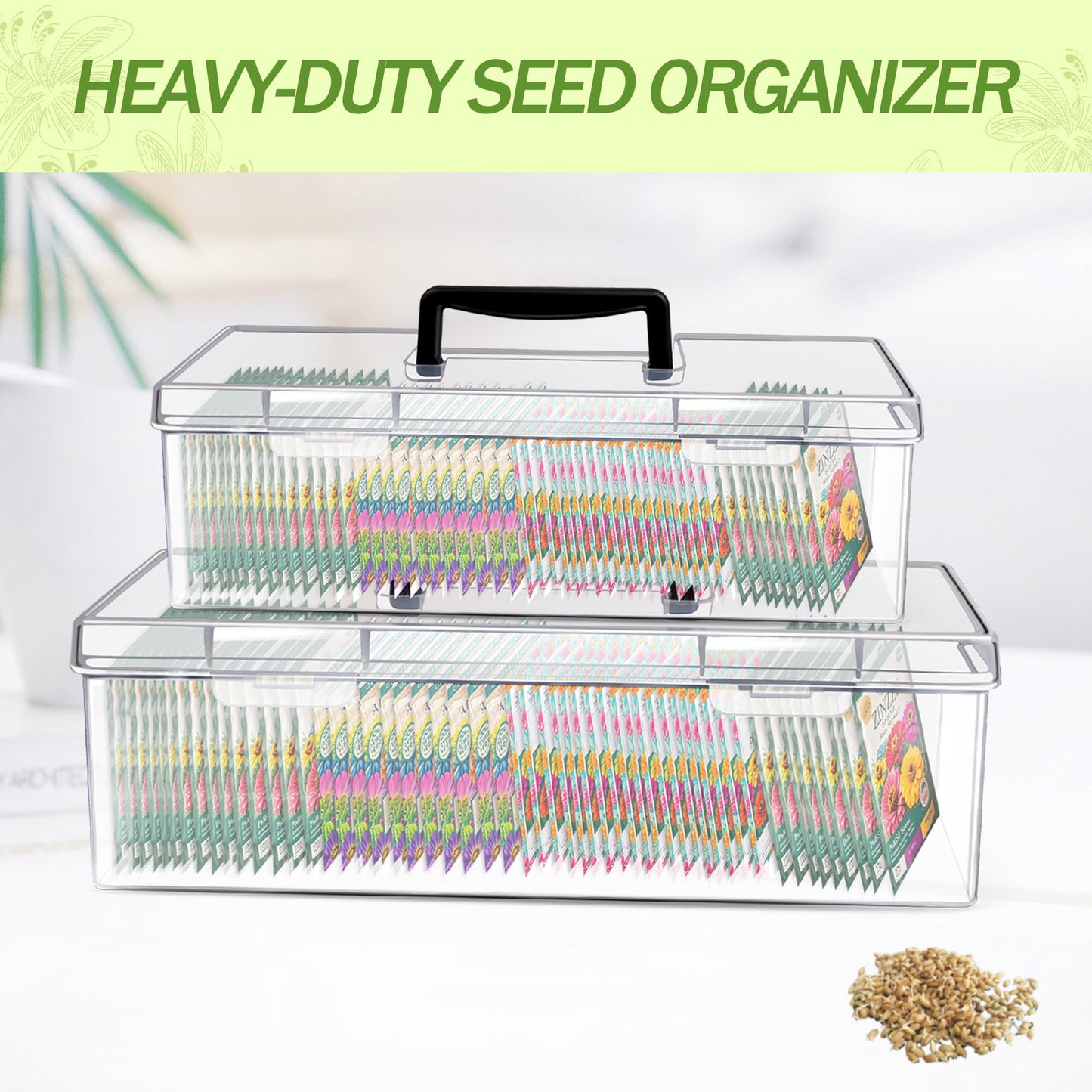 GRETJOB Seed Organizer Storage Box - 2 Pack Clear Plastic Seed Packet Keeper with Secure Lids (14x4.2x4.7in + 11.8x3.7x3.7in)