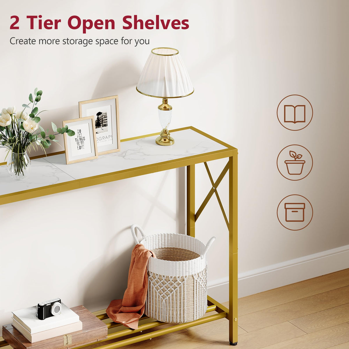 Tajsoon Entryway Table 41.8”, 2-Tier Entry Way Console Entrance Table, Narrow Sofa Table with Shelves, Ideal for Hallway, Entryway, Living Room, Foyer, Corridor, and Office (Gold & White)