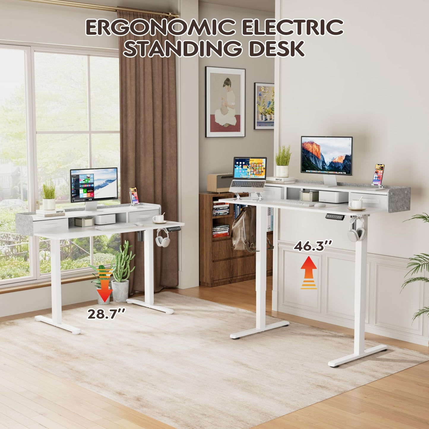 Furmax Electric Standing Desk with Drawers, Stand Up Desk with Storage Shelf Height Adjustable Computer Desk with Organizer for Home Office Ergonomic(White, 48 Inch)