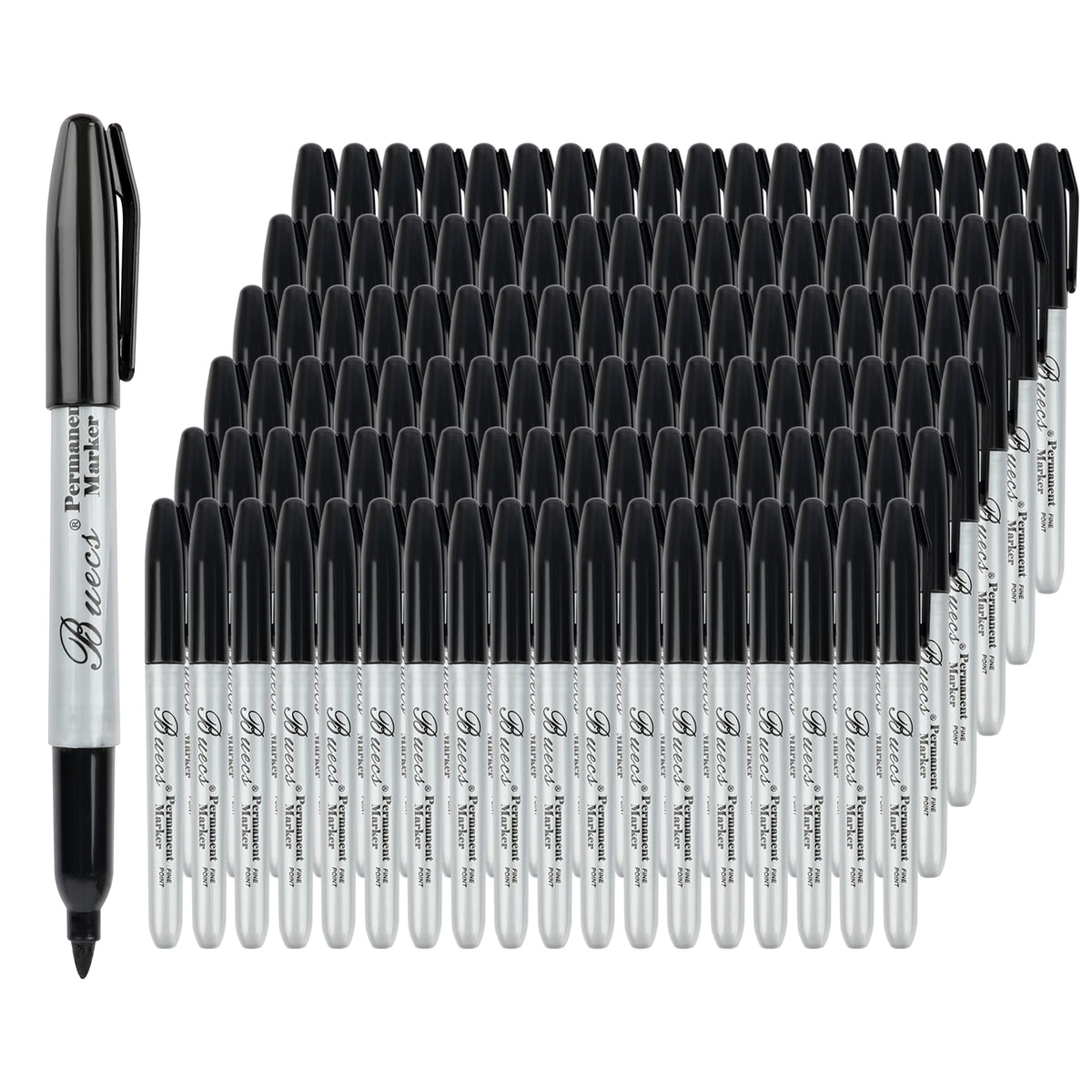Buecs Permanent Markers, 200 Count Black Permanent Markers, Fine Point, Waterproof & Smear Proof Markers, Quick Drying, Office Supplies for School, Office, Home