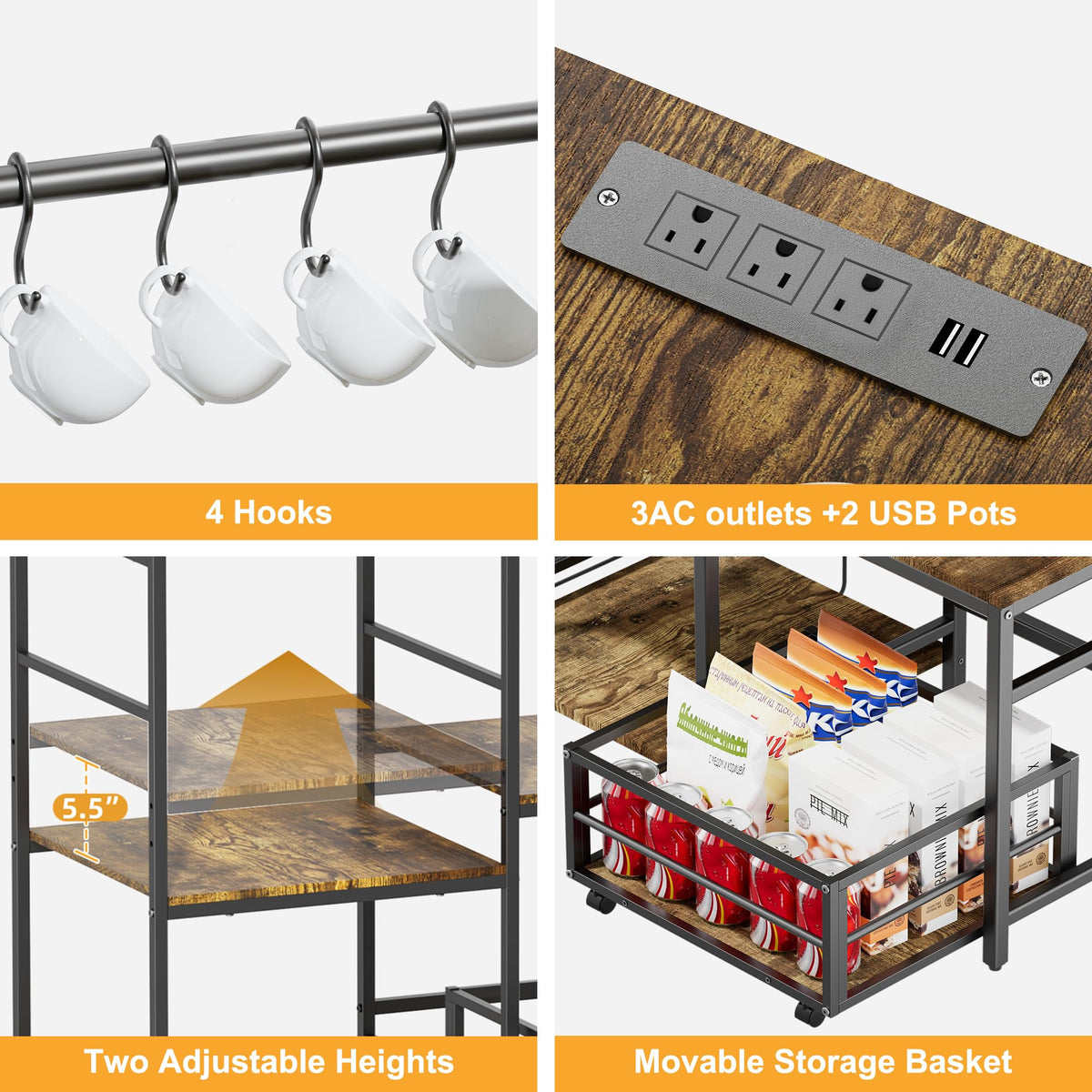 HYPIGO Mini Fridge Stand with Storage, Coffee Bar Cabinet Station with Power Outlet, Kitchen Baker’s Rack with Adjustable Shelf, Movable Basket, Refrigerator Organizer for Kitchen, Dorm, Home, Office