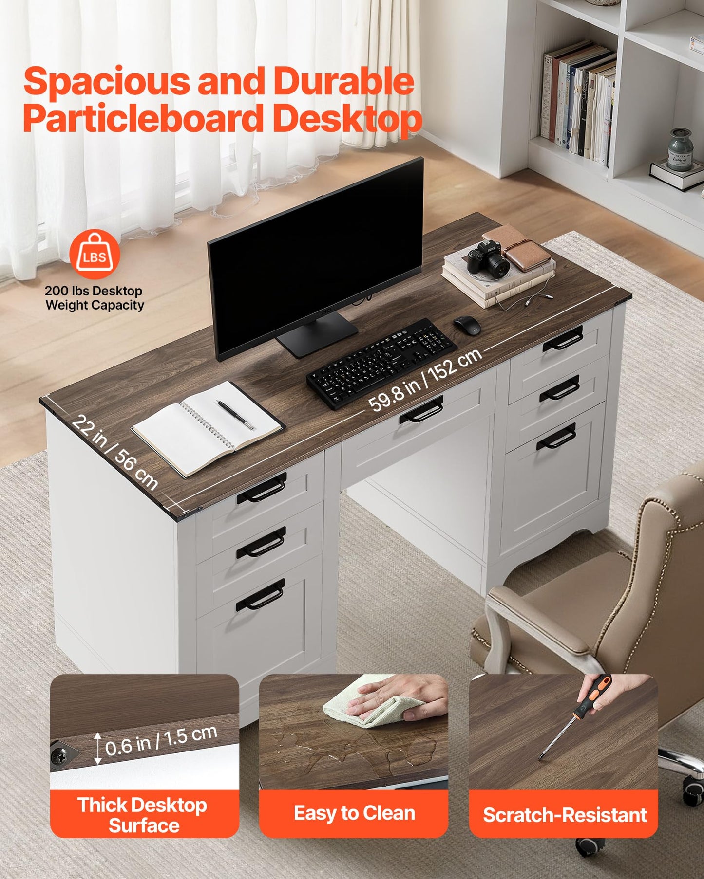 VEVOR 60" Executive Desk with Drawers, Farmhouse Home Office Desk with Charge Station, Keyboard Tray, File Storage Cabinet, 200 LBS Load Capacity Wood Table, Easy Assembly, for Work Study, Walnut