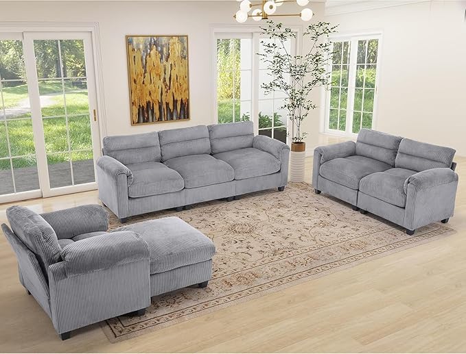 HAOMARKETS Corduroy 4-Piece Sofa Set, Upholstered Ottoman Set of 2 and Accent