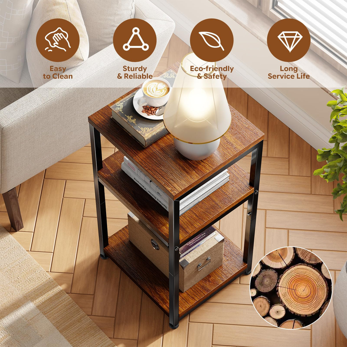 Ekisemio 3-Tier Side Table, End Table Nightstand for for Living Room & Small Spaces, Rustic Brown