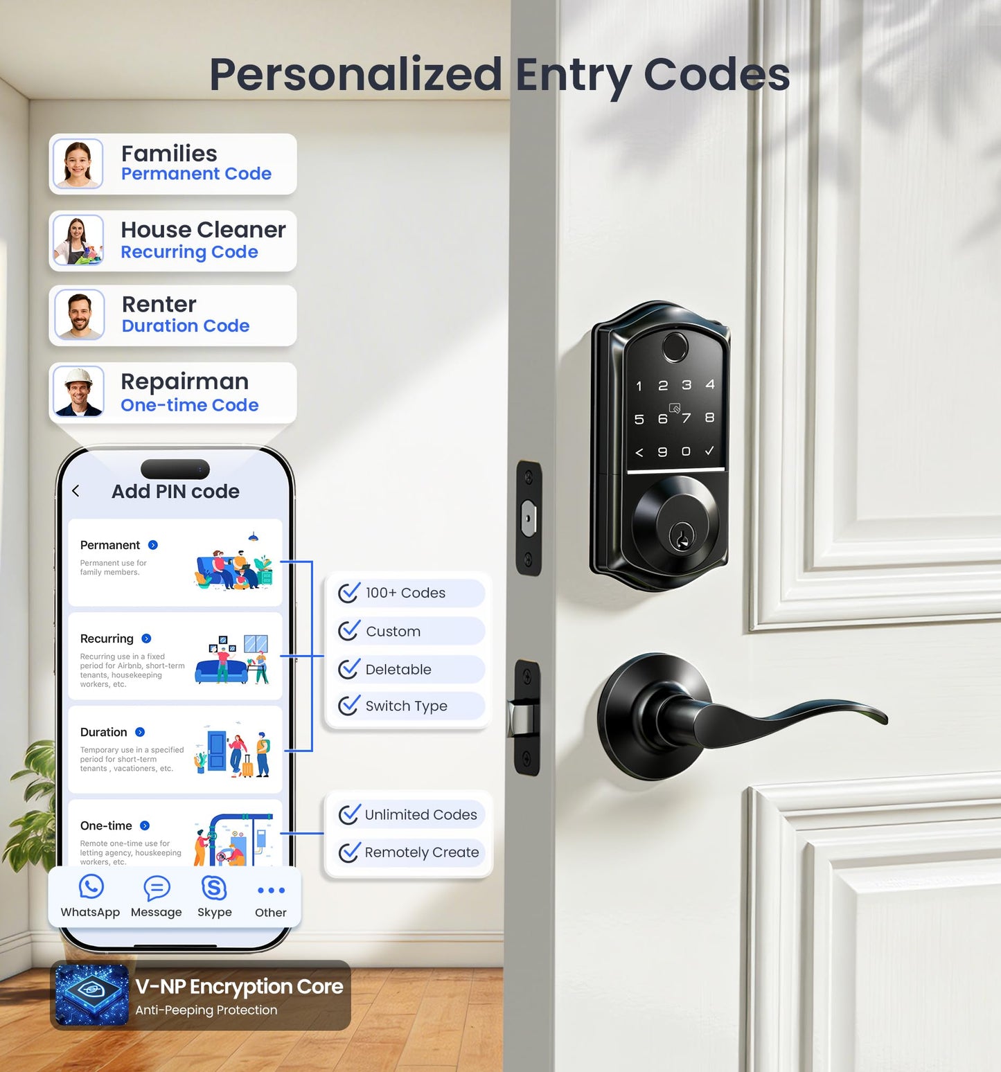 Veise VE017-L Fingerprint Smart Lock with Lever Handles, App Control, Keyless Entry Front Door Lock Set, Electronic Digital Keypad Deadbolt, Remote Grant, Emergency Power Port, Auto Lock, Matte Black