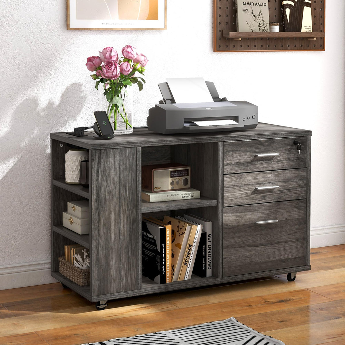 DWVO File Cabinet with Charging Station, 3 Drawer Mobile Filing Cabinet with Lock, Printer Stand with Open Storage Shelf for Home Office, Grey