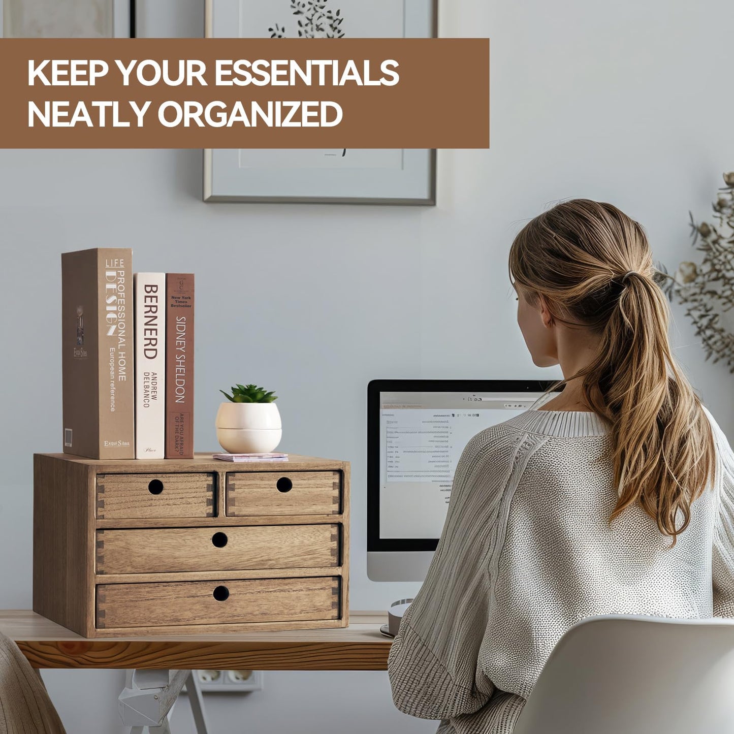 KIRIGEN Wood Desktop Storage Cabinet with 4 Drawers, 3-Tier Desk Organizer for Letter-Size Paper, Mail, Home Office Supplies, Makeup, Crafts, Desk or Countertop, Fully Assembled, Brown WJG34-DBR