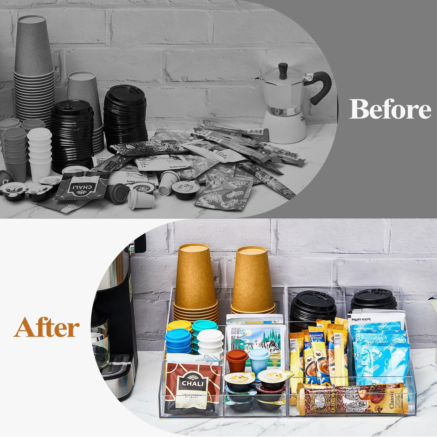 Lineshading 2 Pcs Acrylic Coffee Station Organizer for Countertop and Tea Condiment Storage with 9 Compartments Totally Bar Accessories for Home Office Breakroom, 2 in 1 Design