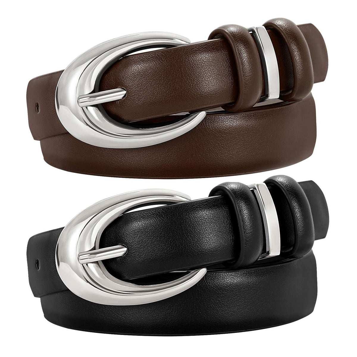 TRIWORKS 2 Pack Women Leather Belt for Jeans Pants Fashion Ladies Skinny Faux Leather Belt with Silver Buckle