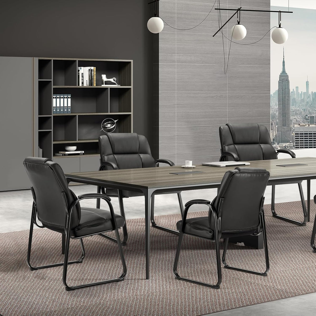 Simple Deluxe Leather Guest Chairs with Padded Arms & Sled Base - Set of 1 Stationary No Wheel Waiting Room Chair for Conference Reception Rooms, Lobby, Home Office Computer Desk, Bedroom, Black