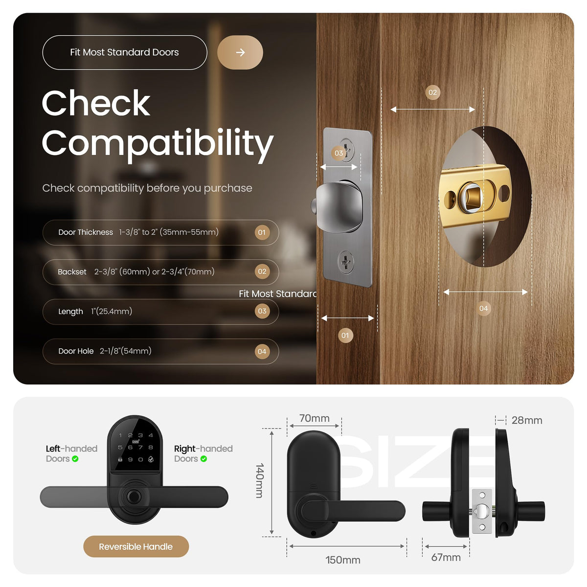 Leydebong Smart Door Handle Lock with Keypad, Fingerprint Smart Knob - Electronic Lock with Code, IC Card, App Control for Front, Interior, Exterior & Bedroom Door - DIY Installation