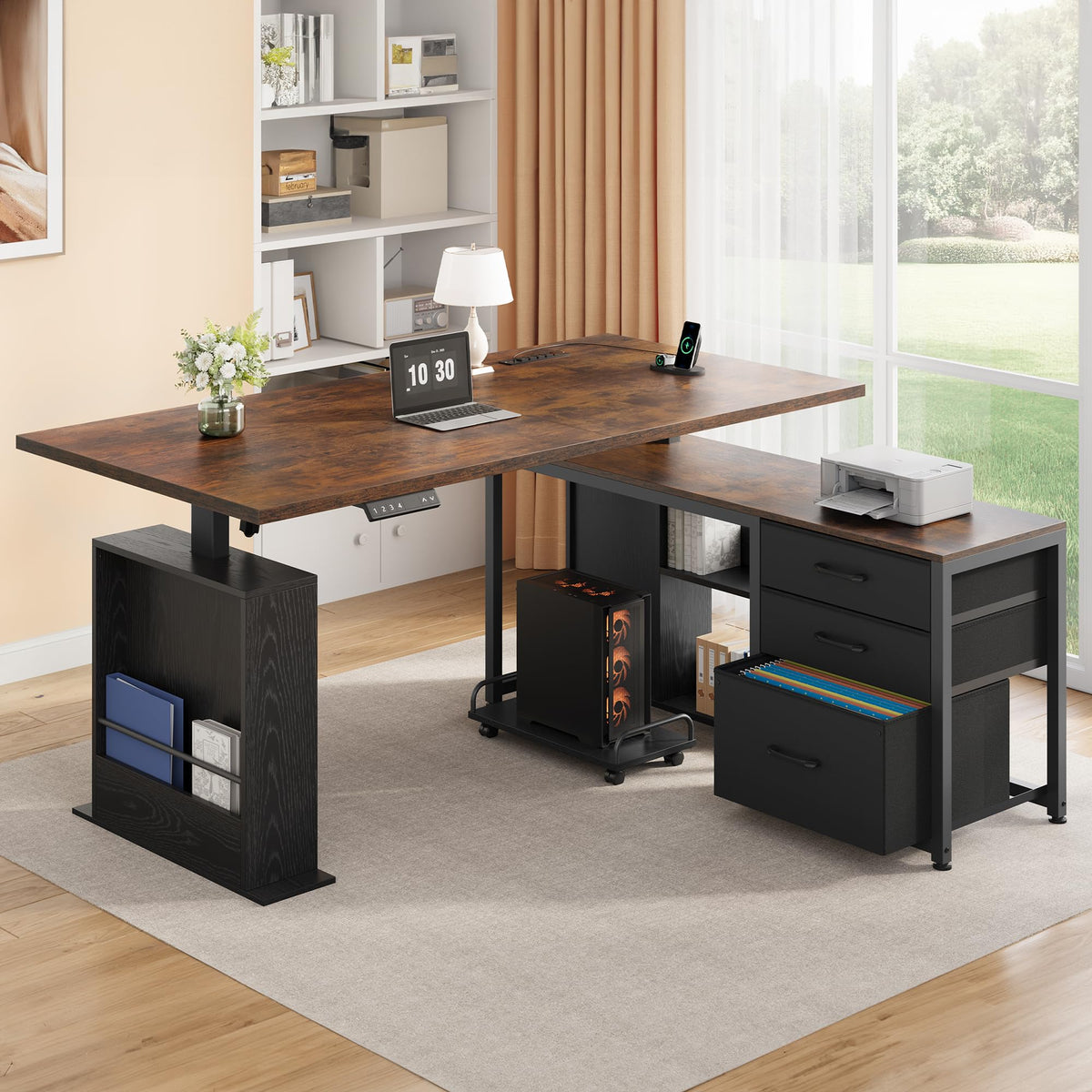 Homiflex 63 Inch L Shaped Desk with 3 Drawers Electric Standing Desks with Storage Computer Table Adjustable Height with Power Outlets 4 Memory Presets for Home Office, Rustic Brown