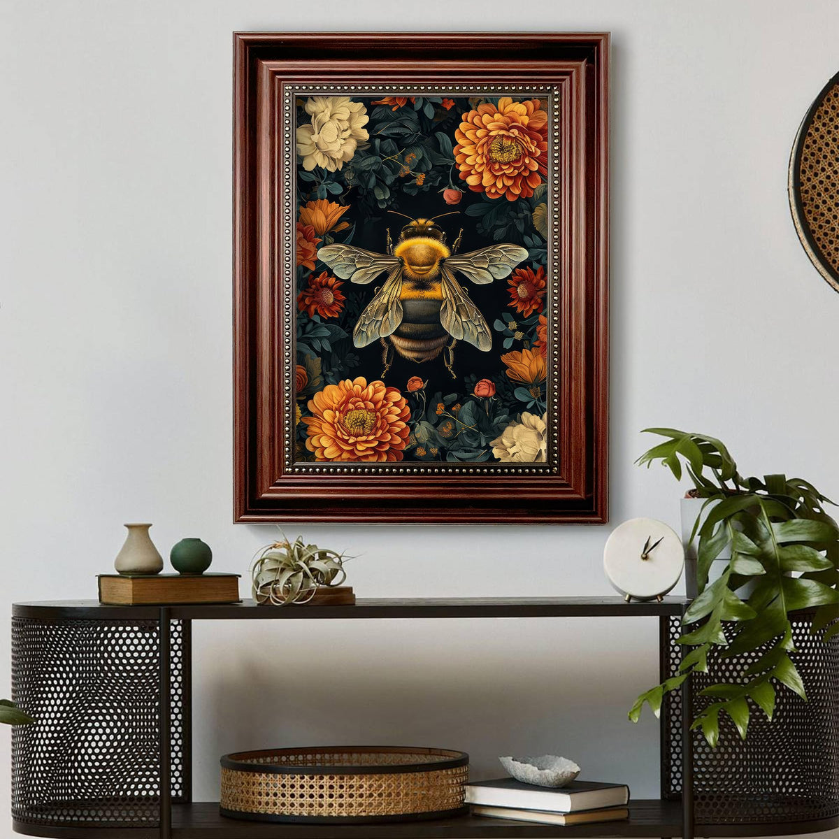 Framed William Morris Bee Canvas Wall Art Retro Mid Century Country Insect Wall Decor Pictures Dark Academia Botanical Floral Poster Prints for Office Living Room Bedroom Home Decoration 12x16in