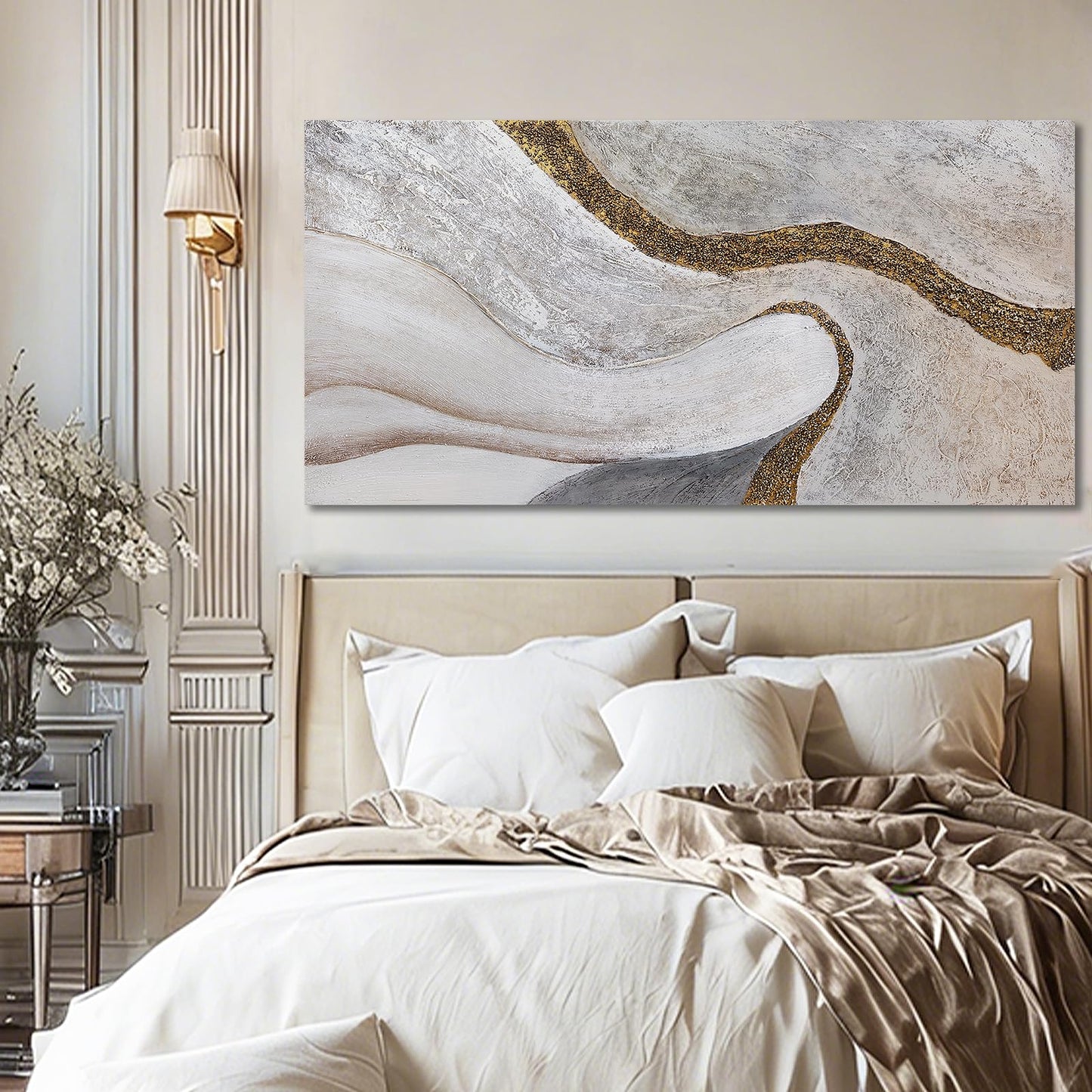 ZUNARE Modern White and Gold Abstract Canvas Wall Art Textured Posters Picture Flowing Line Design Minimalist Artwork for Living Room Bedroom Office Neutral Wall Decor 24x48 Inch