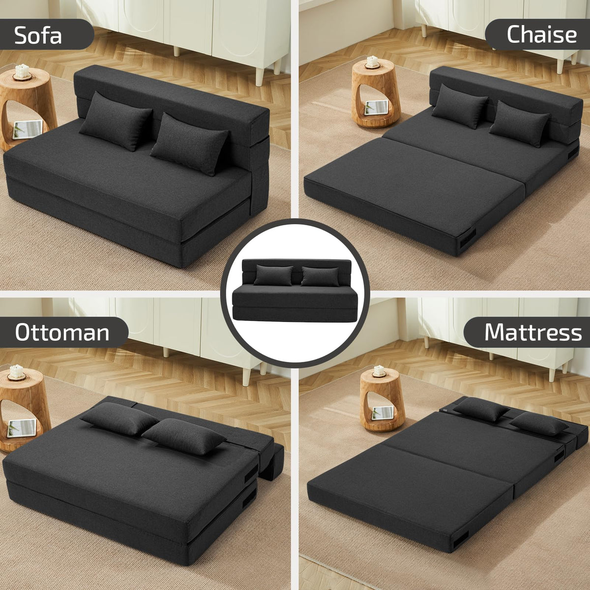 SUYOLS Folding Sofa Bed with Pillows- Convertible Chair Floor Couch & Sleeping Mattress, Foldable Memory Foam Sleeper for Living Room/Dorm/Guest Room/Home Office/Apartment/Loft, Full, Dark Gray