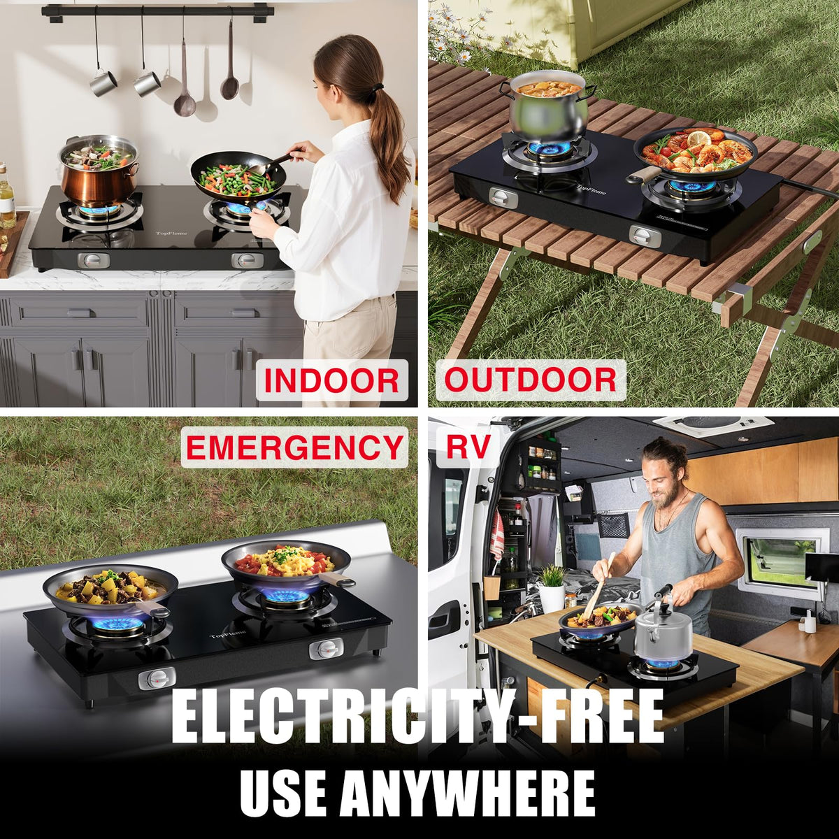 TopFleme 2 Burner Propane Stove 27,200 BTU High-Efficiency Tempered Glass Auto-Ignition Gas Burner Stove Top with CSA Hose for Outdoor RV Camping Emergency Cooking