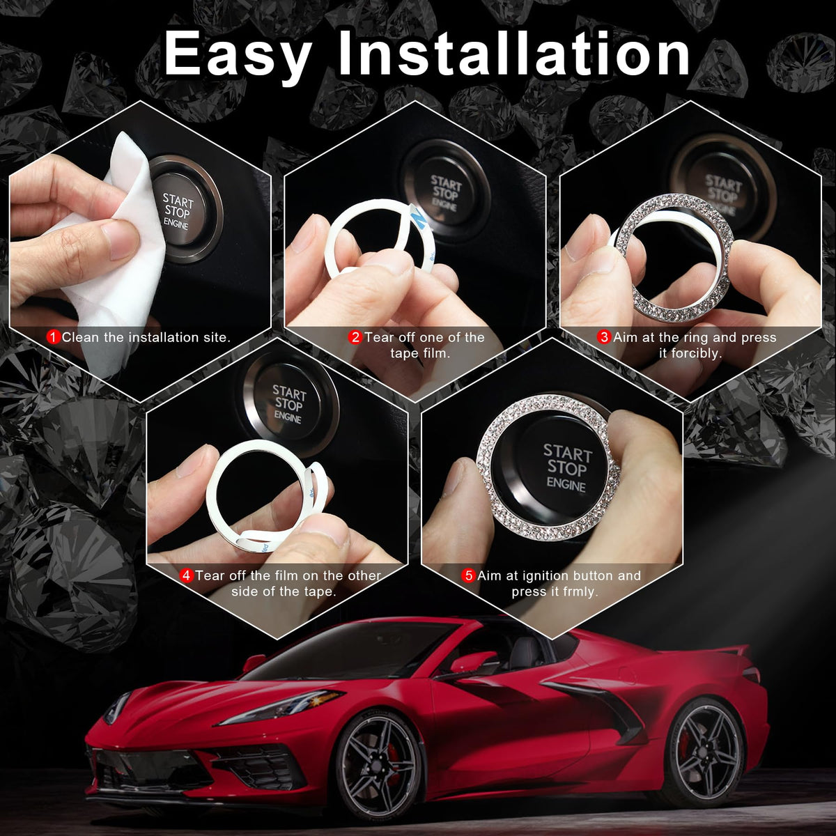 LivTee 2 PCS Crystal Double Rhinestone Car Engine Start Stop Decoration Ring, Bling Car Interior Accessories for Women, Push to Start Button Cover Sticker, Automotive Decals, Black