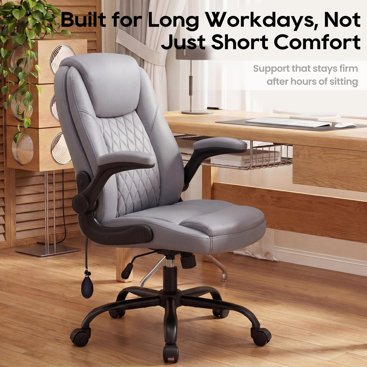MALOL Leather Office Chair, Computer Desk Chair with Adjustable Lumbar Support, Thick Cushion, Flip-Up Arms and Ergonomic Back, Comfy Executive Office Chair for Home Office Gaming,Grey