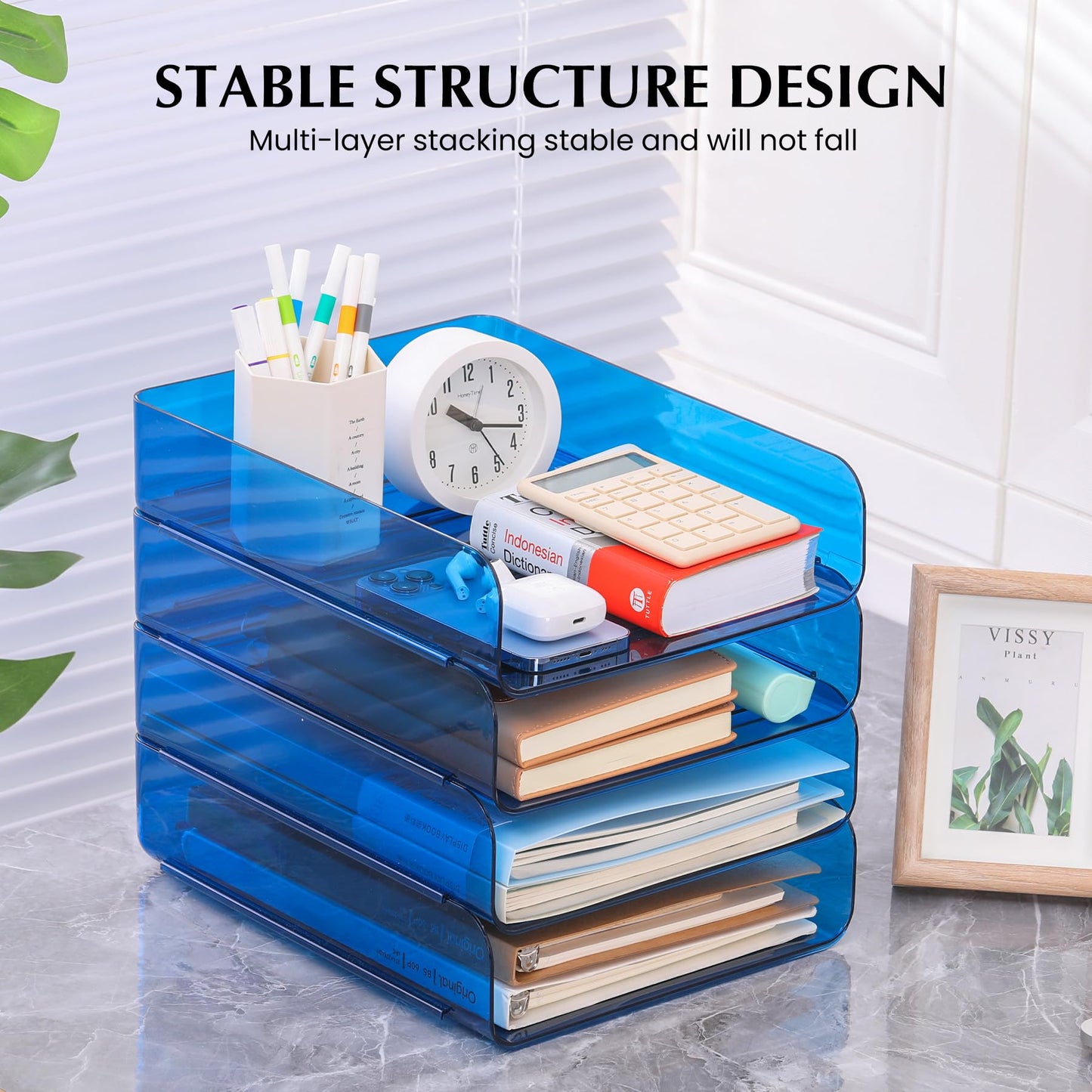 CiWiVOKi 2 Pack Stackable Paper Tray File Organizer for Desk, Office Organizer and Storage for Desk Accessories, Notes, Books, File Paper, Document, Blue