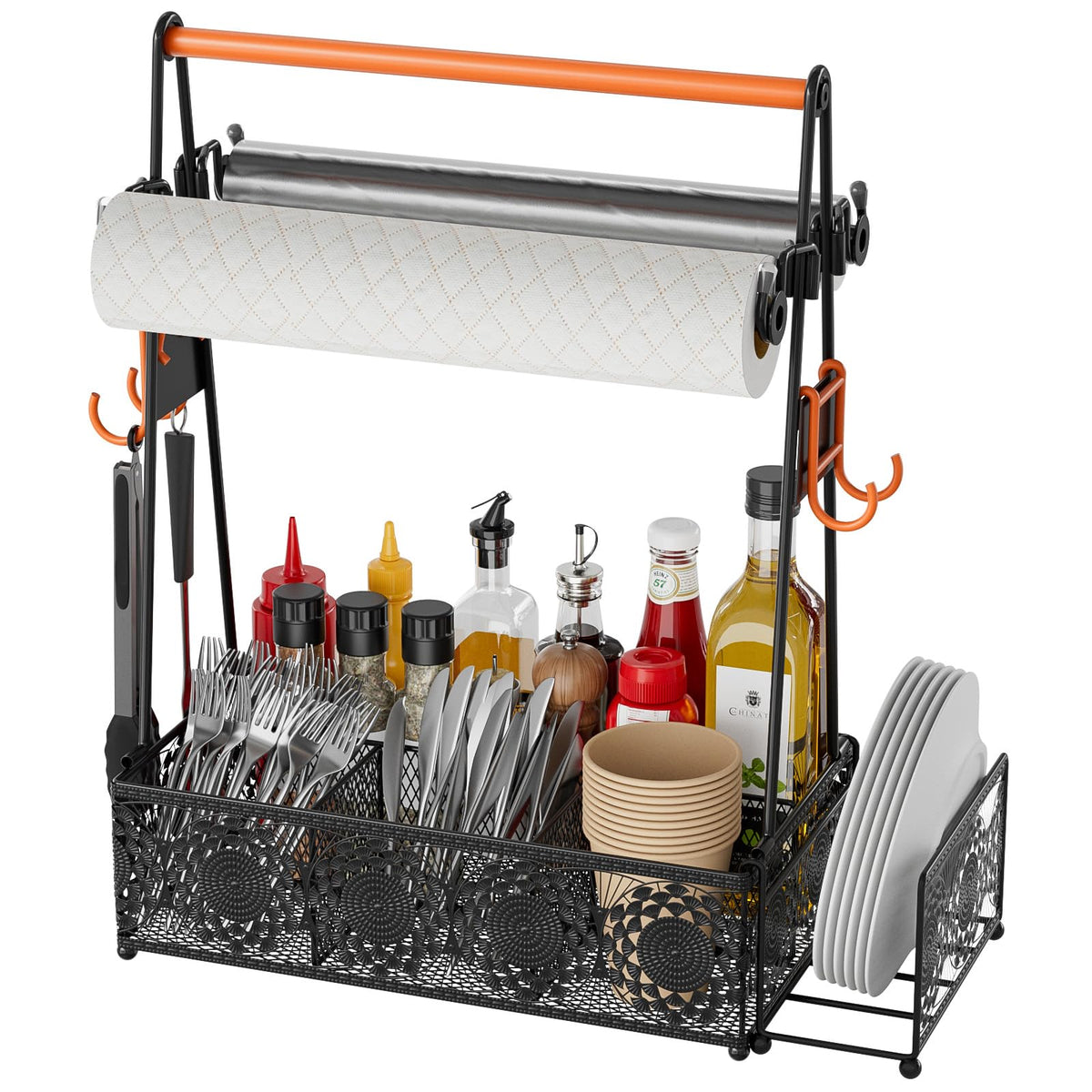 EKNITEY Outdoor Grill Caddy Organizer: Camping Kitchen Accessories Rack With Paper Towel - Utensil Condiment Storage For Patio Camper BBQ Party RV