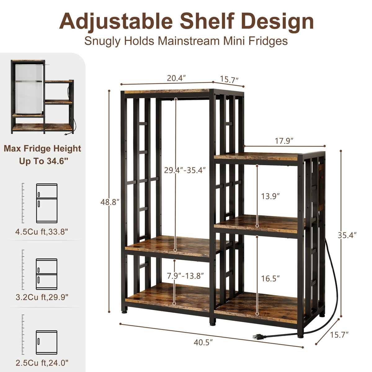 Mini Fridge Stand Coffee Bar Cabinet Station With Small Refrigerator Insert Storage Space, Shelf Organizer For Dorm Microwave To Sit On, Baker Rack With Power Outlet, Big Table To Go Over Hide Fridge