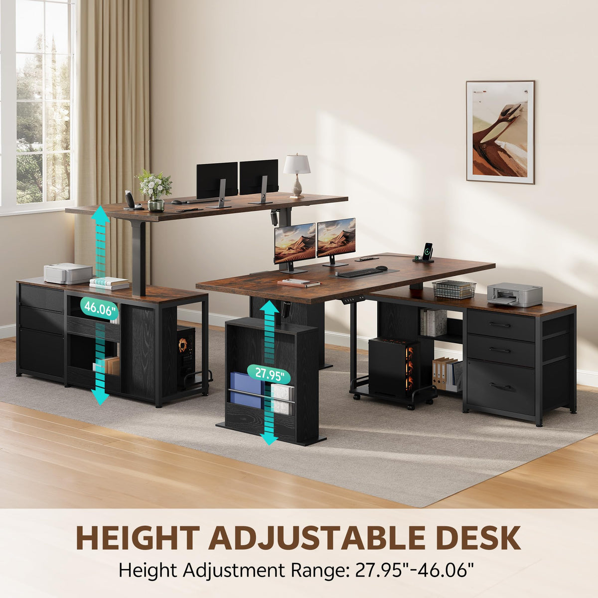 Homiflex 63 Inch L Shaped Desk with 3 Drawers Electric Standing Desks with Storage Computer Table Adjustable Height with Power Outlets 4 Memory Presets for Home Office, Rustic Brown