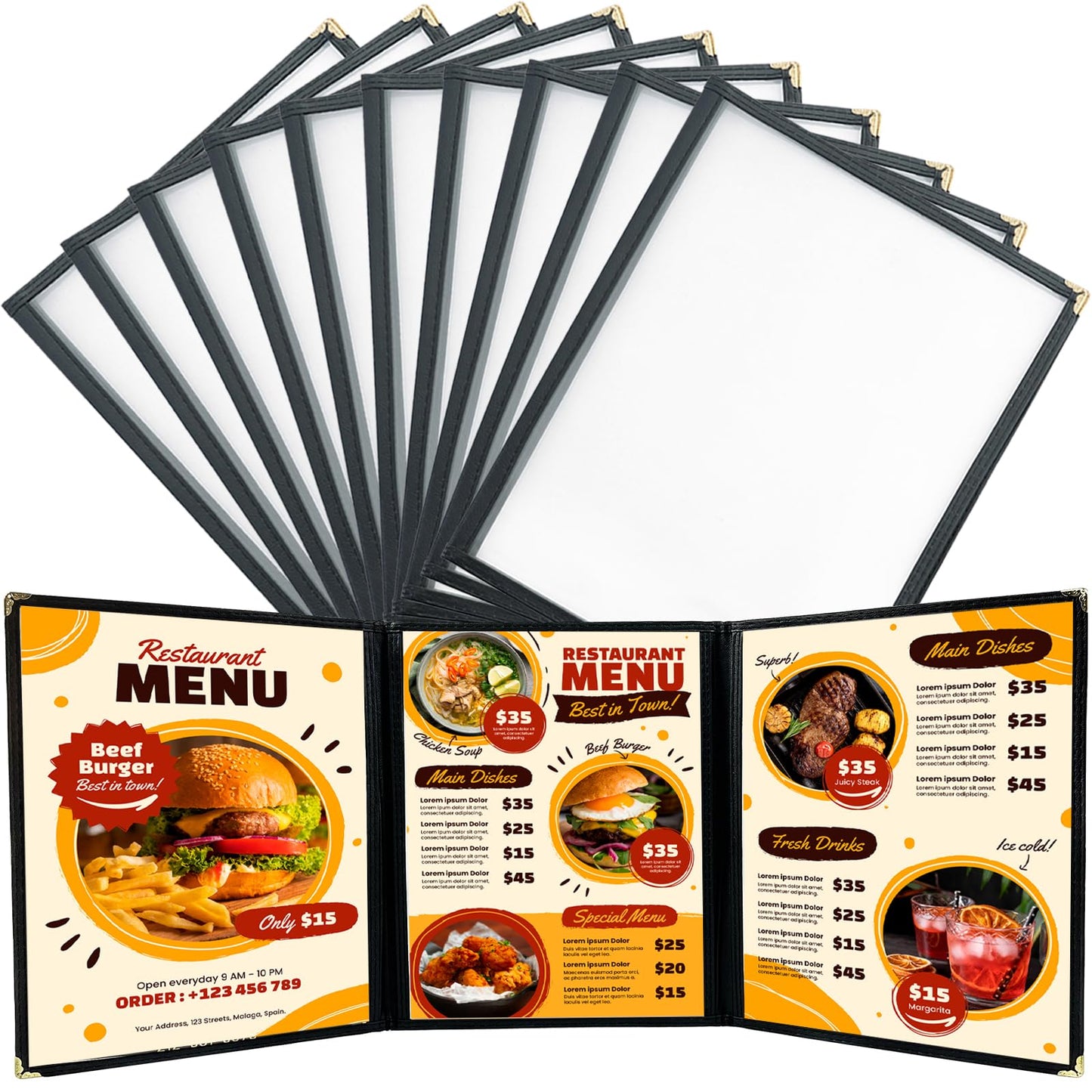 FLKQC 10 Pack 3 Page Menu Covers, 6 View 8.5 x 11 Inch Clear PVC Menu Holder, Double Stitched Restaurant Menu Sleeves for Food, Wine & Drink Menus, Morning Menu Sleeves