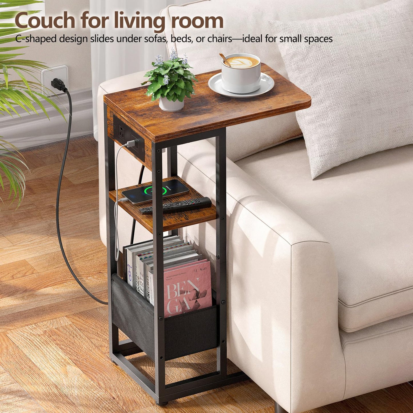 Yuede C Shaped End Table with Charging Station,3-Layer Sofa C Table Side Table, Slide Under Sofa Desk Snack Tables with Storage Bag w/AC U-S-B Port & Socket,Small Spaces Drink Tables for Living Room