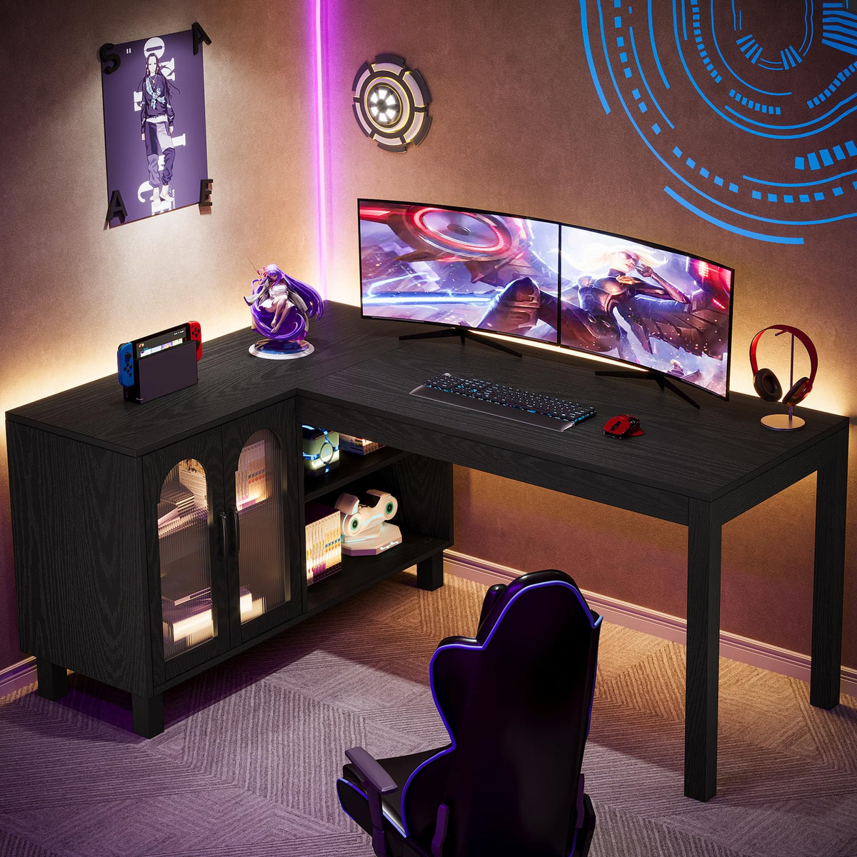 Tribesigns 59" L Shaped Desk with File Cabinet, Executive Office Desk with Storage Shelves, Modern Wood Computer Desk, Coner Writting Desk for Home Office, Work, Study (Black)