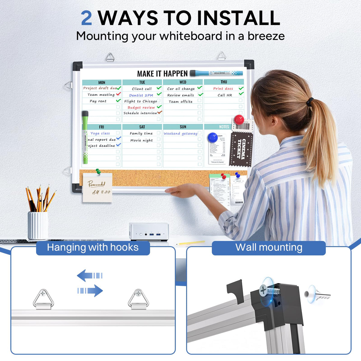 Marsrock Weekly Dry Erase Board and Cork Board Combo for Wall, 17"x13" Reversible Hanging Dry Erase Board, Double Sided White Board with Aluminum Frame for Planning, Office, Kitchen, School, Home