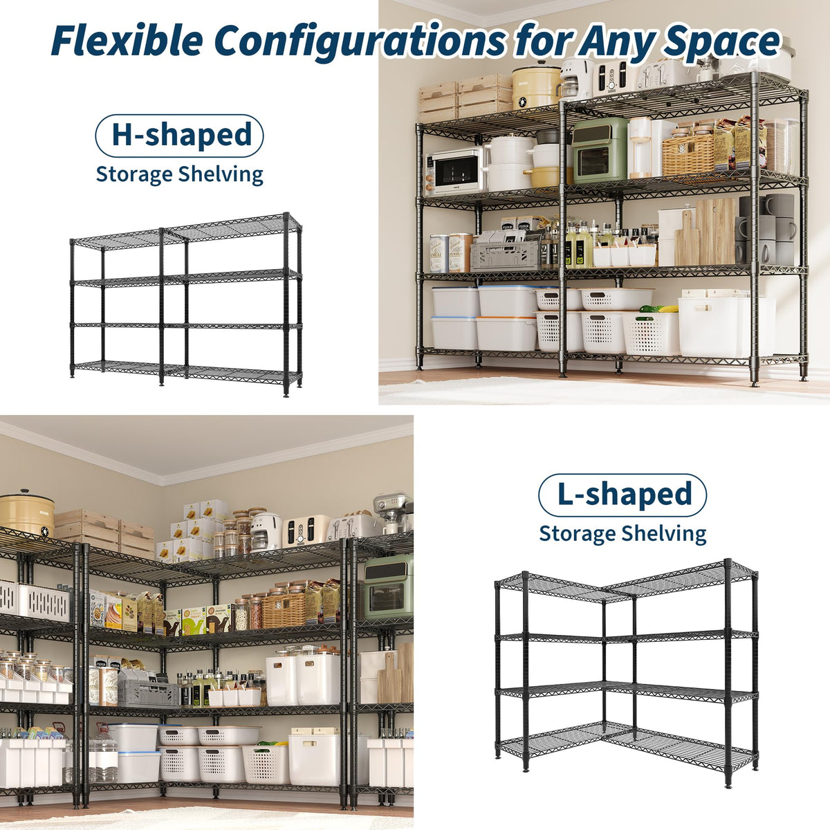Garvee Storage Shelves 60" W Heavy Duty Metal Shelving Unit, 4-Tier Wire Rack Shelving for Kitchen Garage Storage, Load 1060LBS, Adjustable Wire Shelf for Pantry Room Basement, 13.8" Dx59.5 H, Black