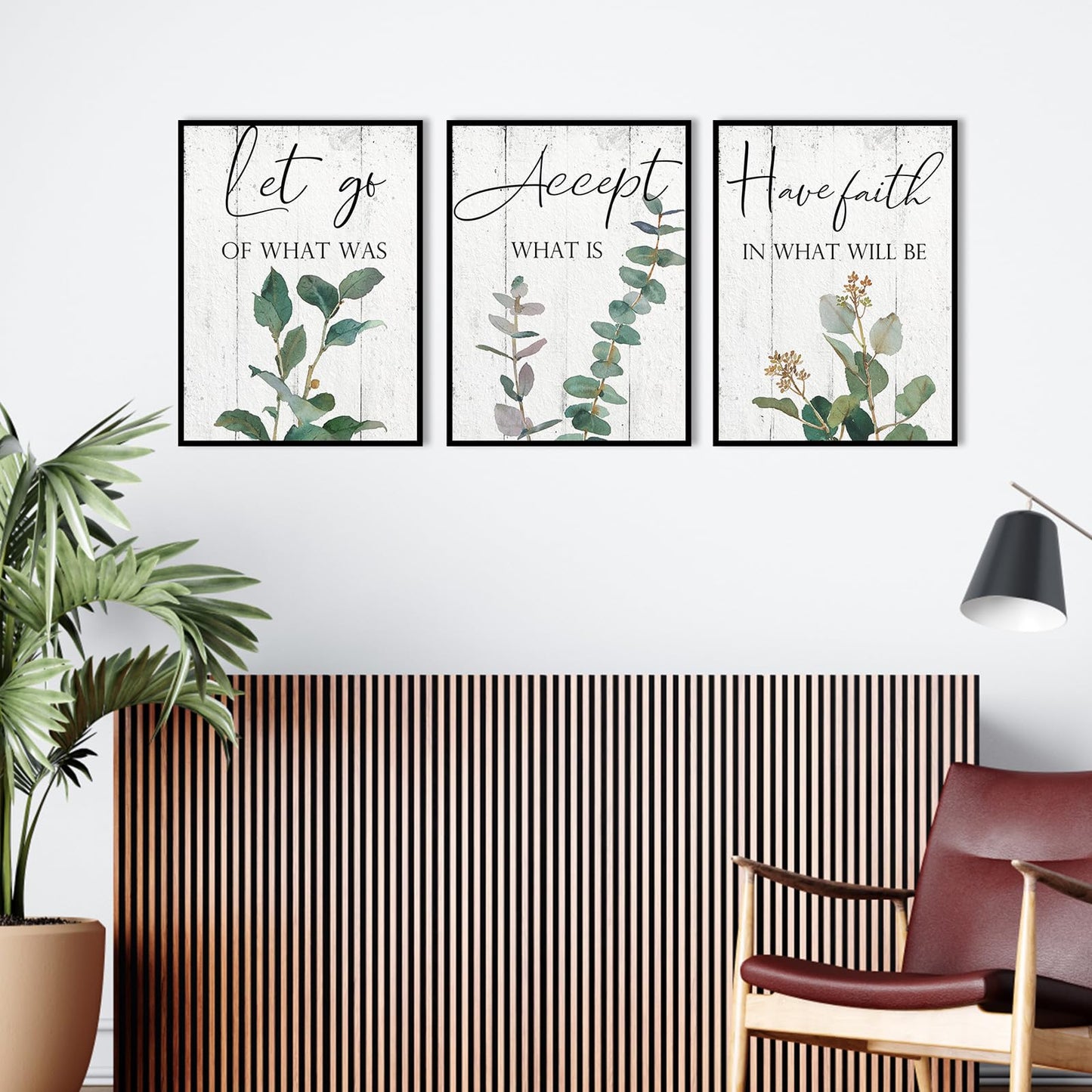 Inspirational Wall Art Office Decor: 3 Piece Motivational Quotes Wall Art 12"x16",Accept Let Go Have Faith Wall Decor for Office,Eucalyptus Pictures Framed Hanging Inspirational Posters for Bedroom