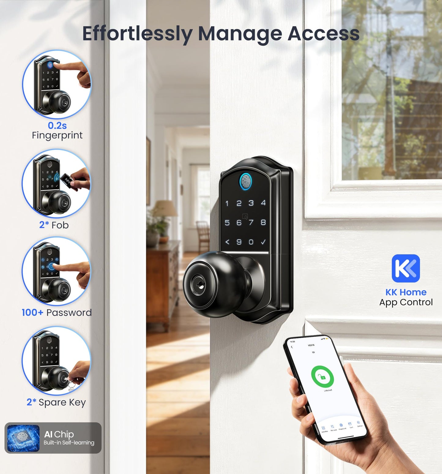 Veise VE018 Smart Knob Handle Lock - Fingerprint, App Control, Keyless Entry for Front Door and Bedroom, Electronic Digital Keypad, Auto Lock, Remote Access Sharing, IP55 Weatherproof, Matte Black