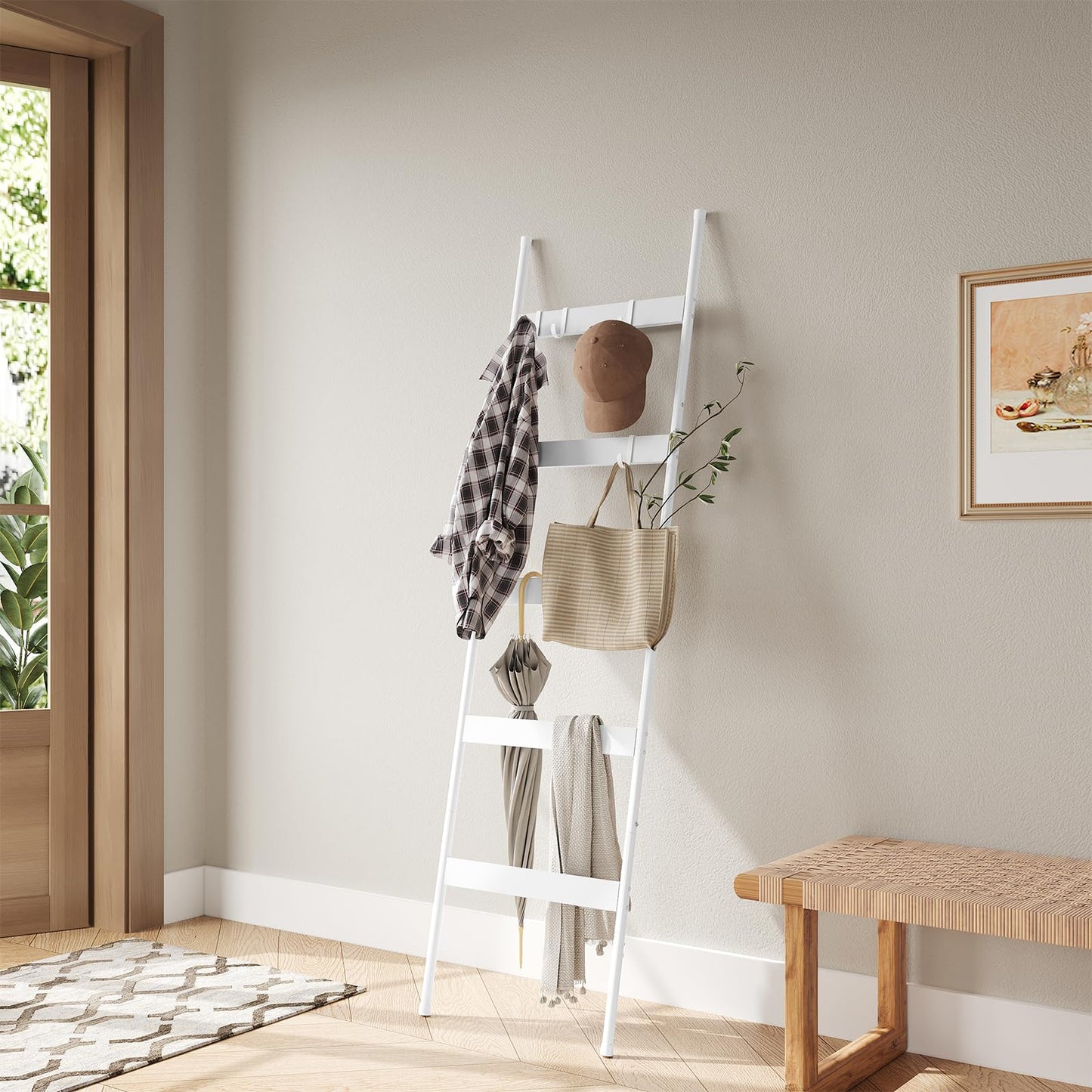 ELYKEN Blanket Ladder for Living Room, Farmhouse 5-Tier Quilt Holder with 4 Removable Hooks for Bathroom, Wood Towel Rack Display, Wall Anchor Leaning Decorative Stand for Home, White