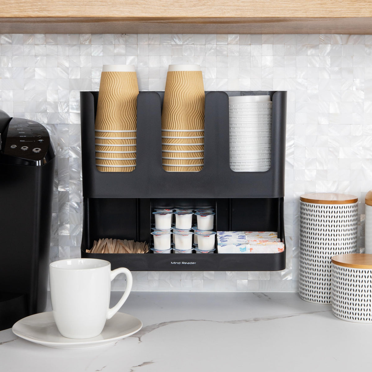 Mind Reader Cup and Condiment Station, 13 Inch Countertop Coffee Bar Organizer with 6 Compartments, Storage Caddy for Cups, Lids and Packets, Plastic, Black