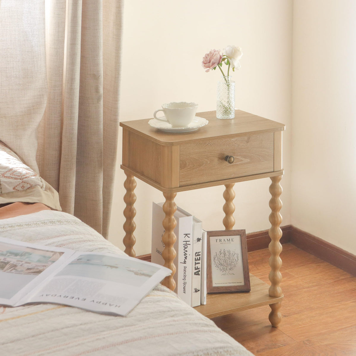 AWASEN Night Stand, Wood End Table with Drawer for Living Room, Small Bedside Side Table with Spindle Wood Legs for Bedroom, Office, Rustic Walnut