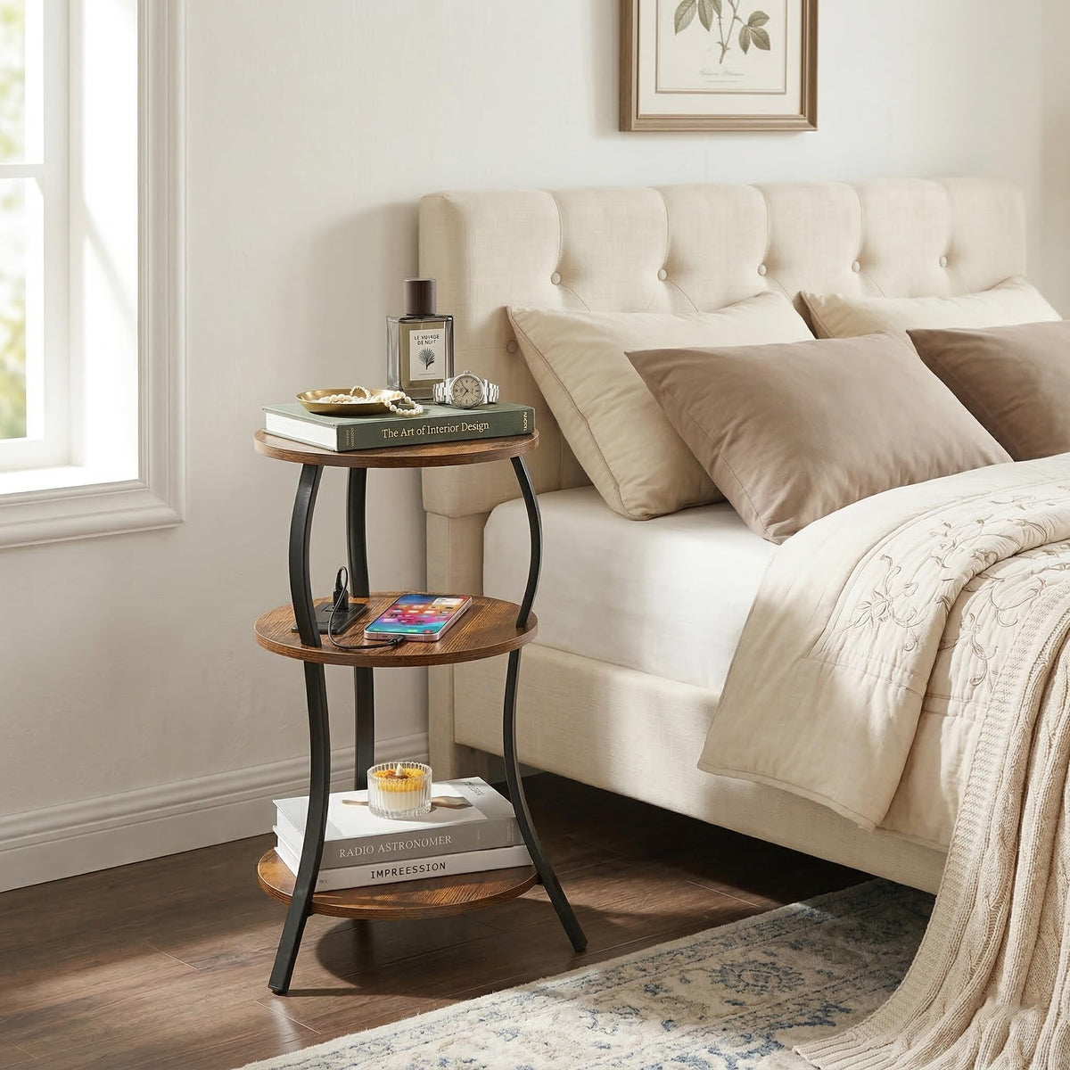Small Round Side Table with Charging Station, 3-Tier Waist Circular End Table with Storage Shelf, Compact Tea Sofa Side Table Small Spaces, Round Corner Coffee Table for Living Room Bedroon,Brown