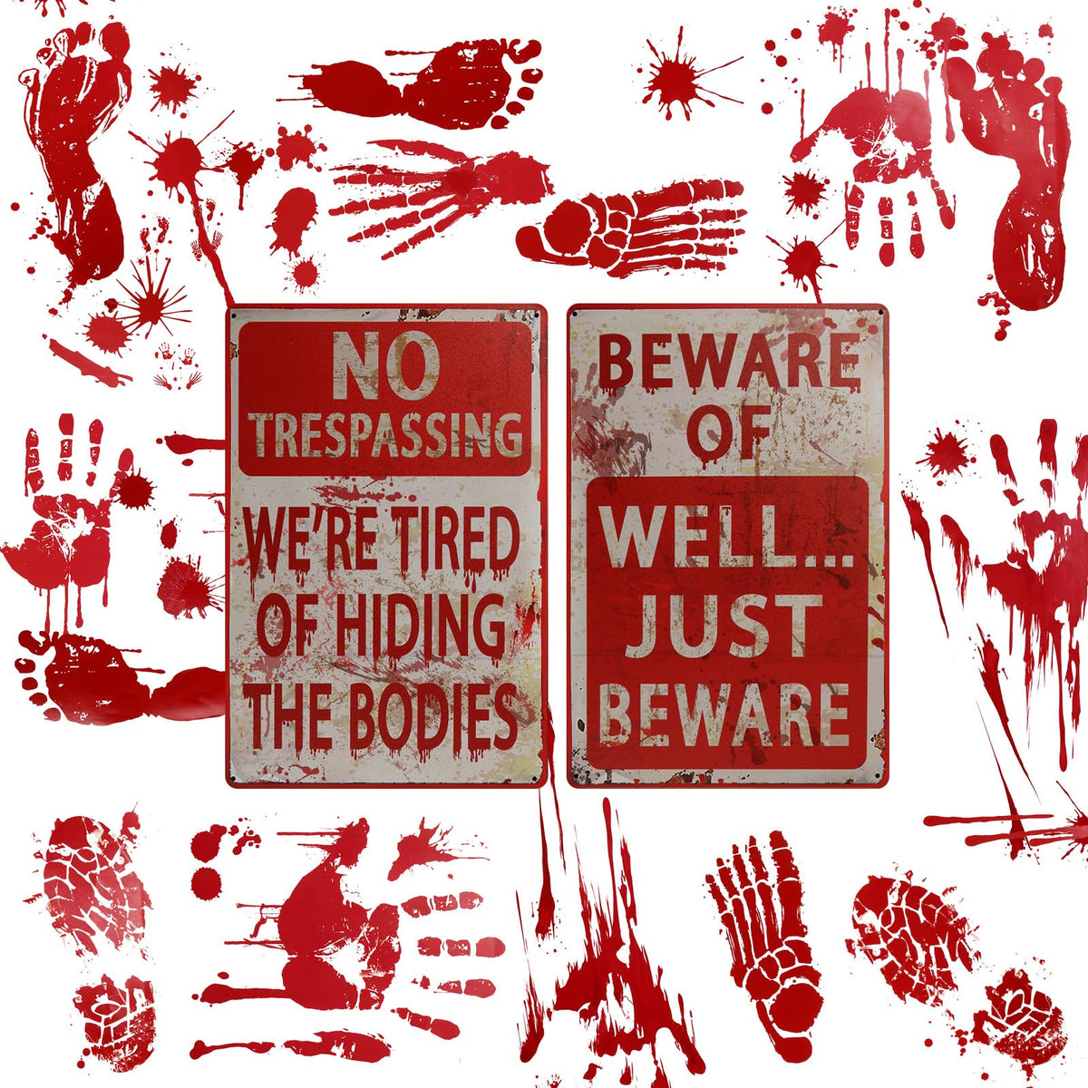 Outus 8 Pcs Halloween Decoration Signs and Halloween Handprint Footprint Window Stickers Set Including 2 8" x 12" Decorative Signboard 6 10" x 14" Sticker for Window Wall Floor Glass