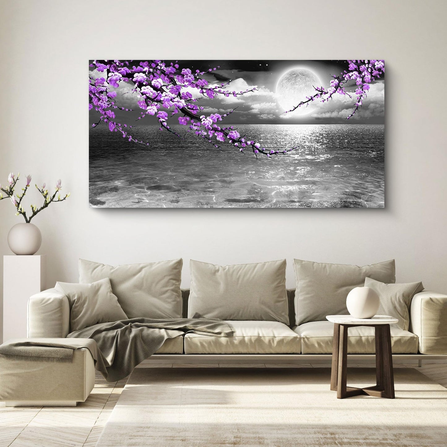 Large Purple Wall Art Decor for Living Room Bedroom Framed Black and White Seascape Full Moon Purple Flower Painting Canvas Picture Modern Hand-Painted Plum Blossom Artwork for Home Office 24x48