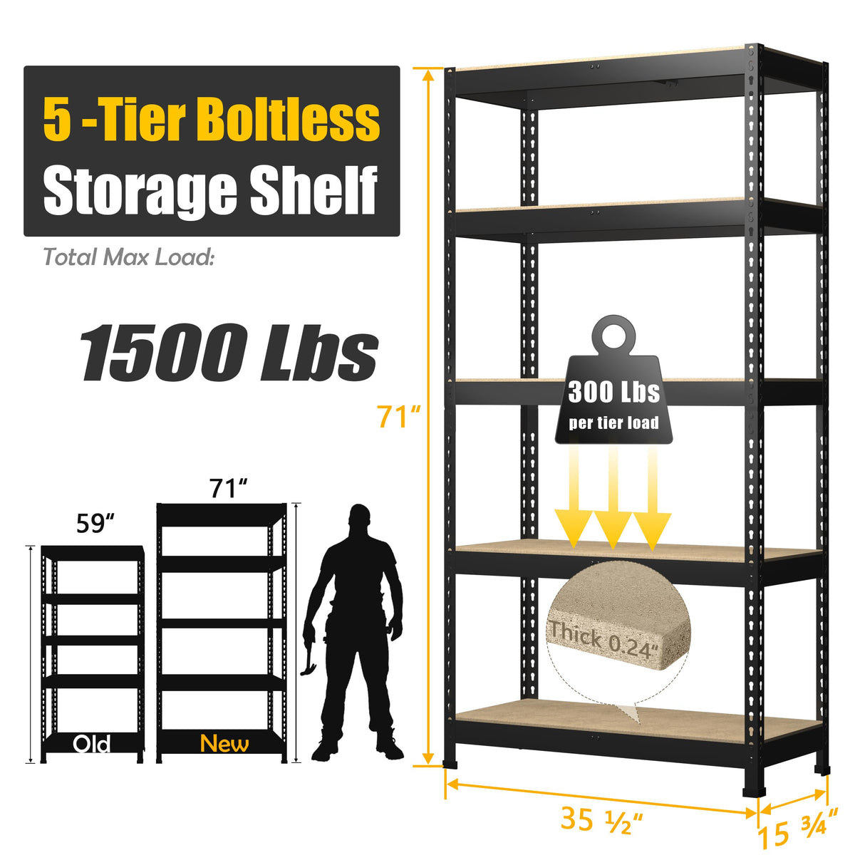 PrimeZone Heavy Duty Storage Shelves - 5 Tier 35.5" W x 15.75" D x 71" H Adjustable Garage Storage Shelving, Metal Storage Utility Rack Shelf Unit for Warehouse Pantry Closet Kitchen, Black