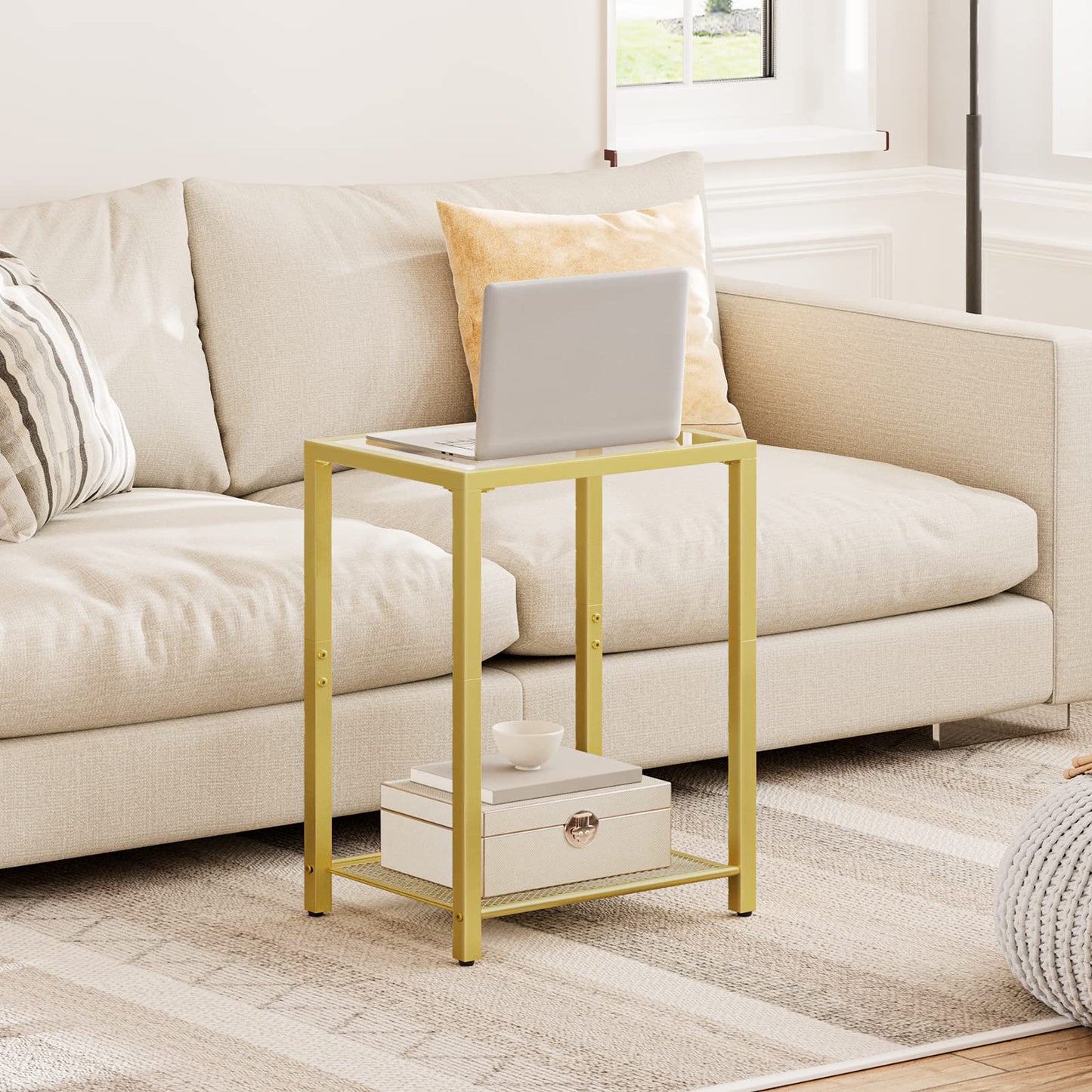 HOOBRO Set of 2 Side Tables, 2-Tier End Table, Nightstands for Tight Spaces, Tempered Glass Bedside Tables, Modern Metal Frame, for Office, Bedroom, Living Room, Study, Gold GD76BZP201