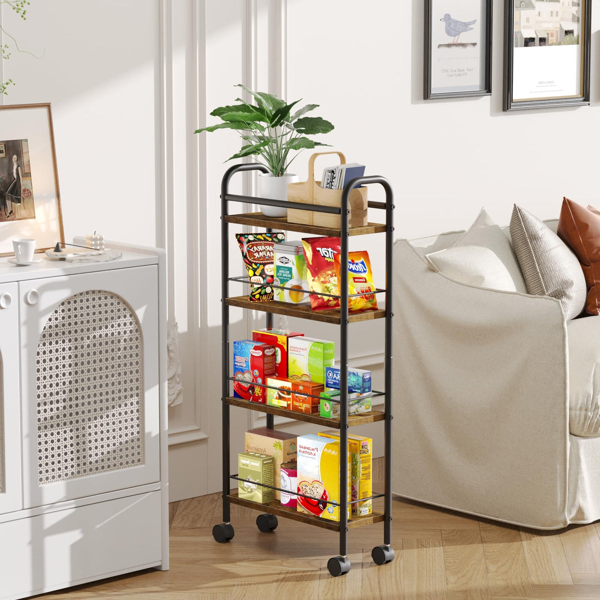 Asgolion Slim Storage Cart, 4-Tier Small Rolling Cart with Wheels, 5.9" Deep, Narrow Bathroom Shelf Trolley for Kitchen, Bathroom, Laundry Room, Rustic Brown Standard 4-Tier (5.9" W x 33.6" H)